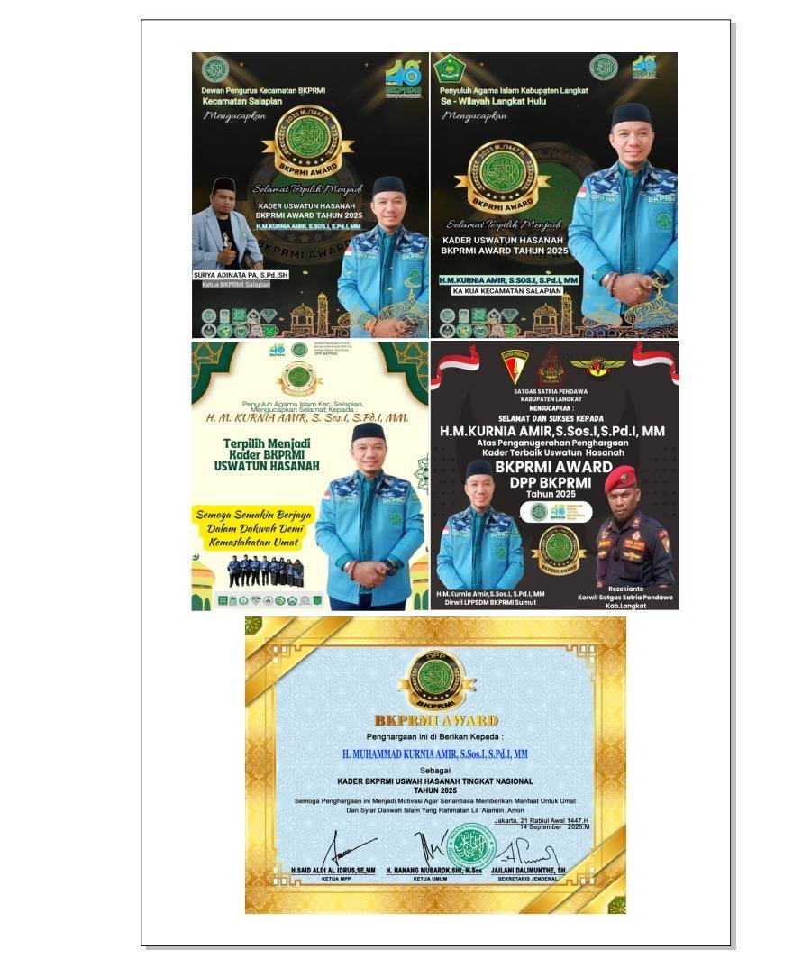 Kepala KUA Salapian Raih Prestasi Kader BKPRMI Uswatun Hasanah Pada BKPRMI Award Tahun 2025