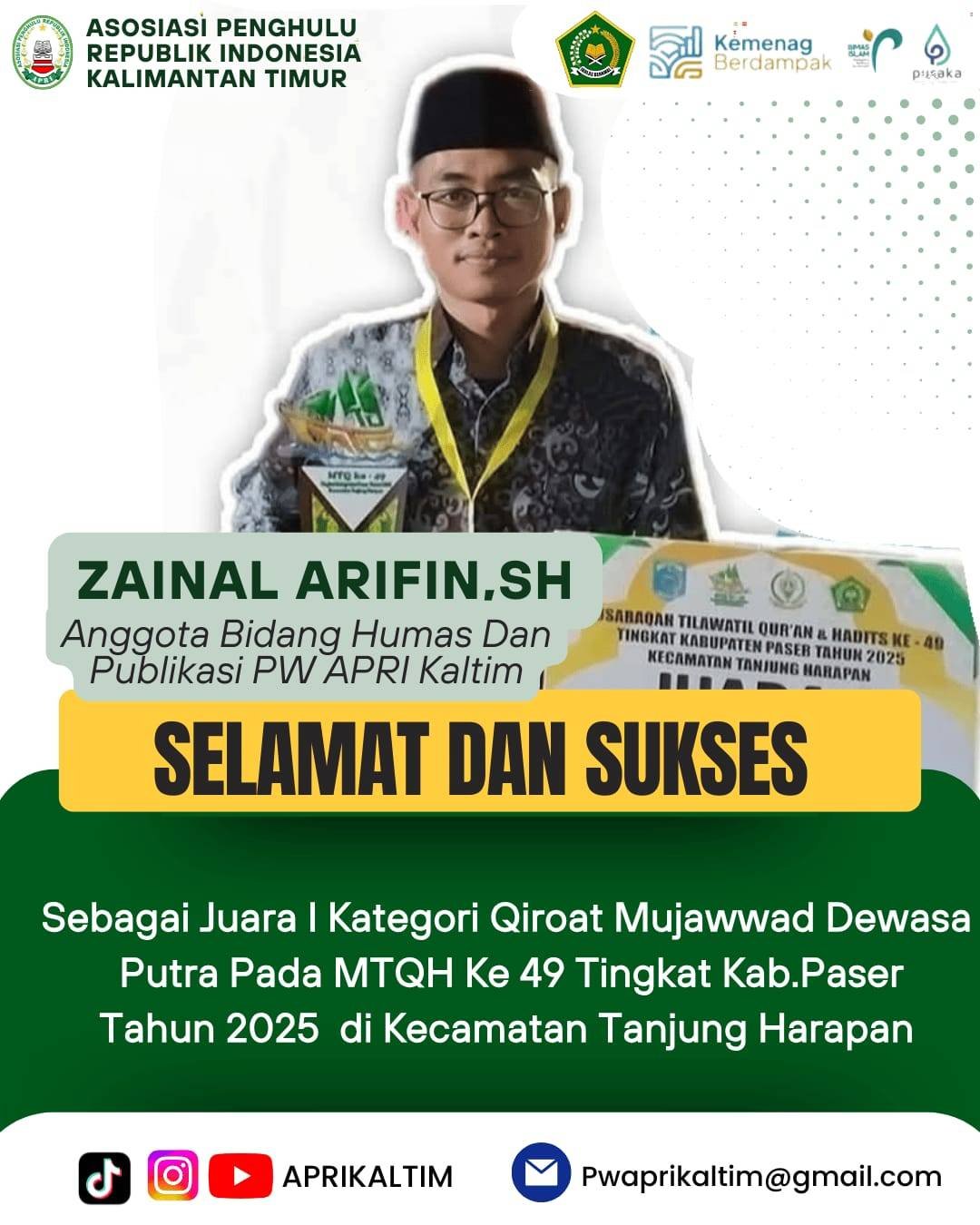 “Penghulu Juga Bisa Berprestasi! Zainal Arifin, SH Raih Juara Qiroat Mujawwad MTQH Paser 2025”
