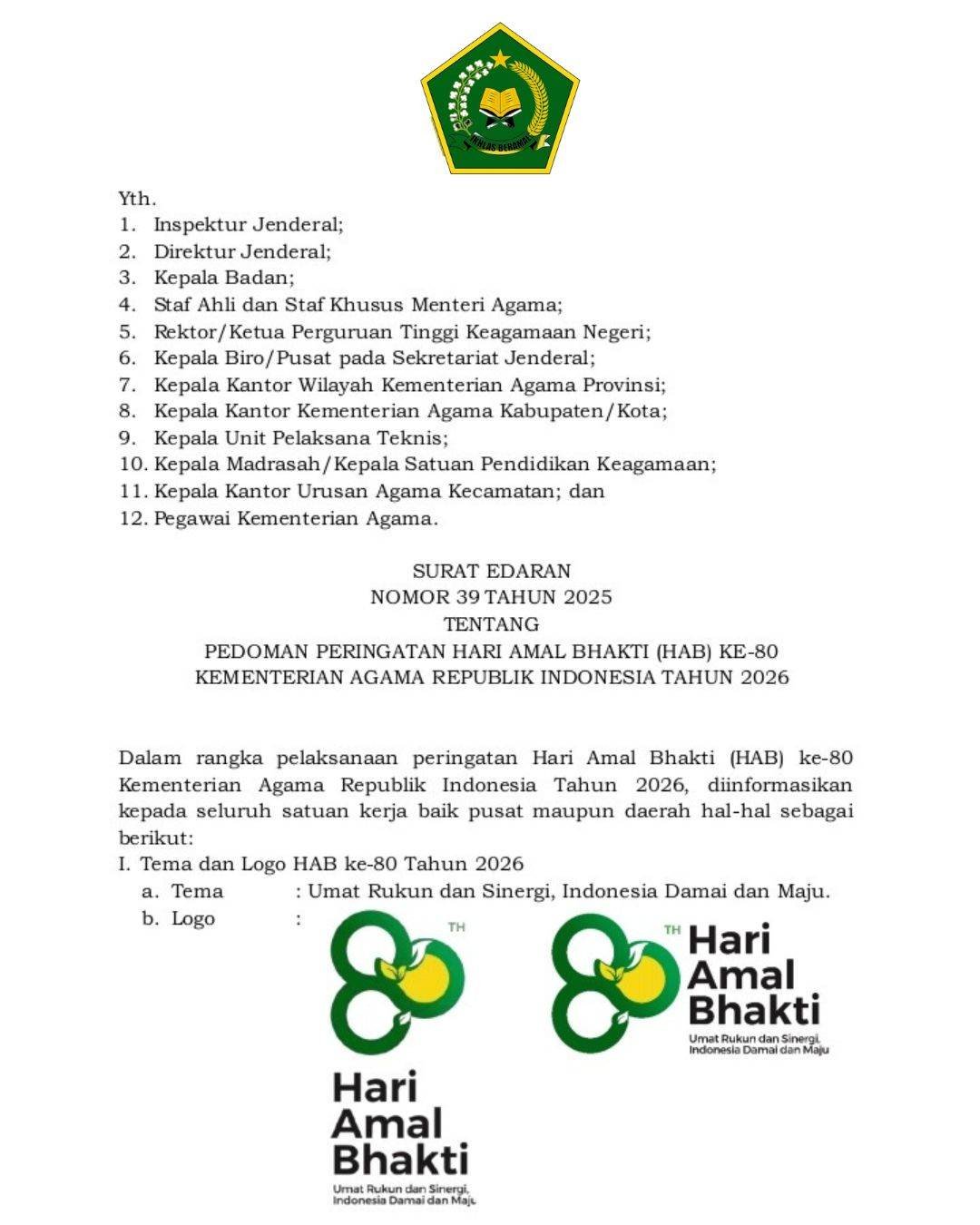 Surat Edaran Nomor 39 Tahun 2025 tentang Pedoman Peringatan Hari Amal Bhakti (HAB) ke-80 Kementerian Agama RI Tahun 2026