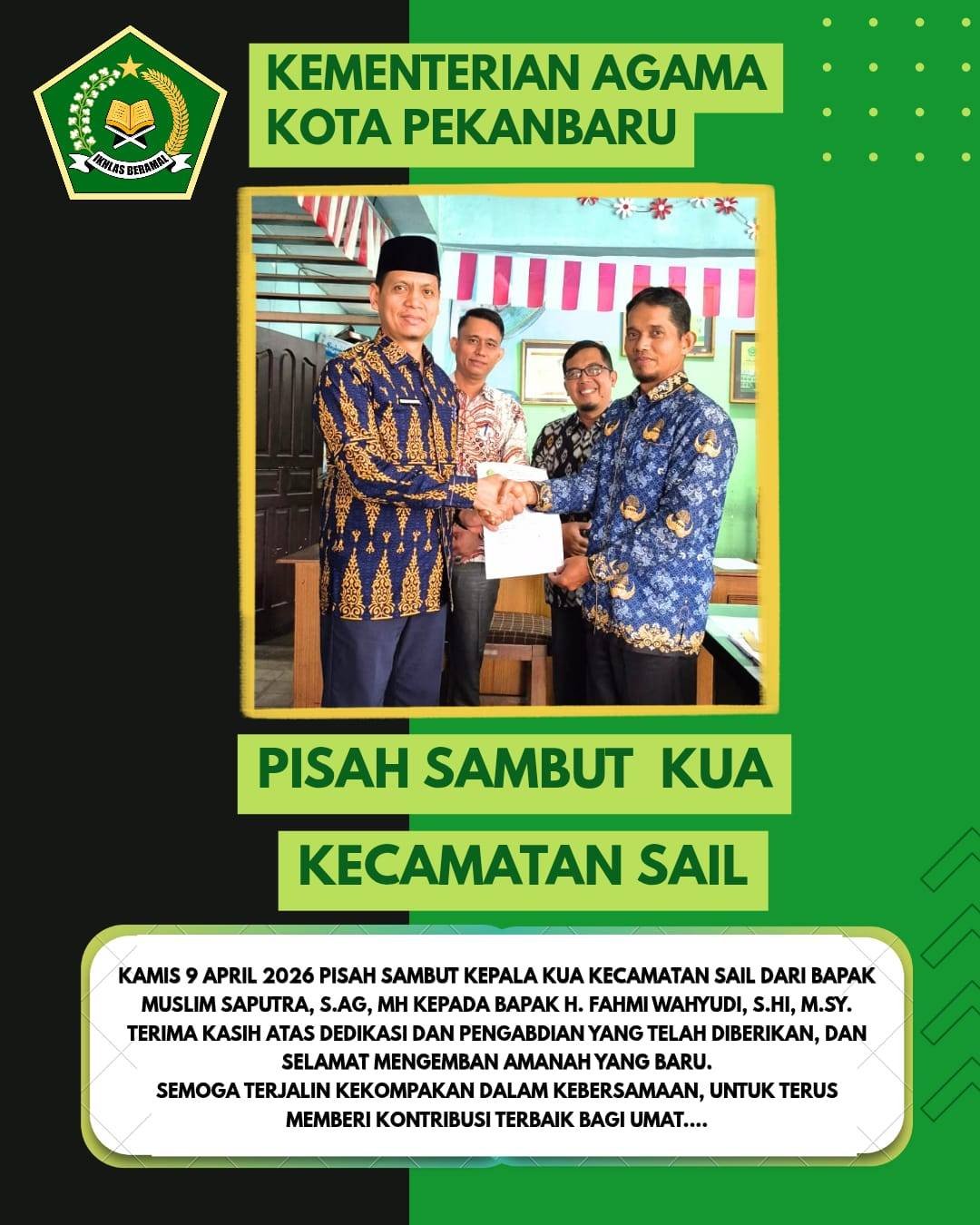 Pisah Sambut Ka.KUA Kecamatan Sail Berlangsung Khidmat 