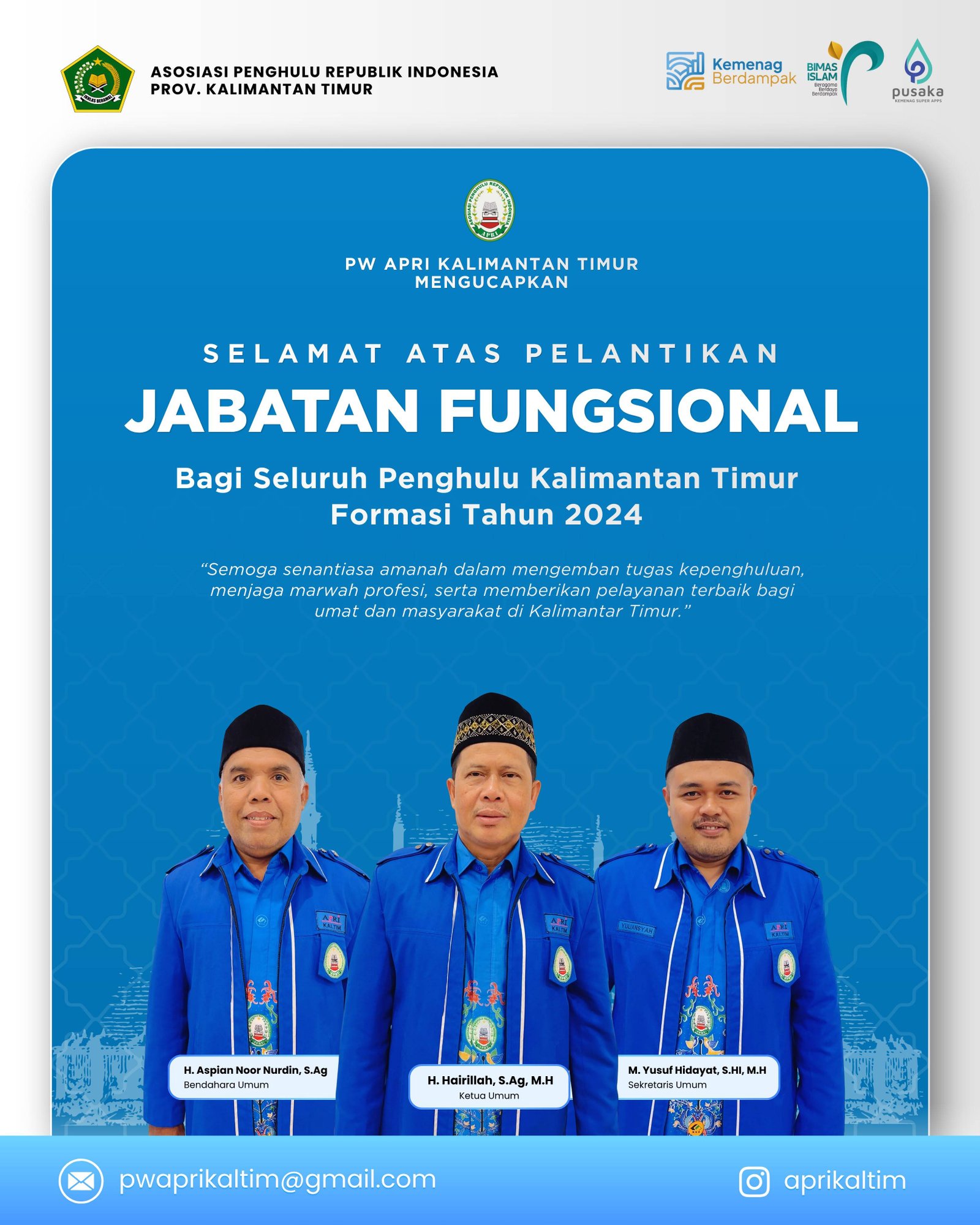 Pelantikan 39 Penghulu Ahli Pertama Jabatan Fungsional Formasi 2024 di Kaltim, APRI Kaltim Beri Selamat dan Harapan Pengabdian
