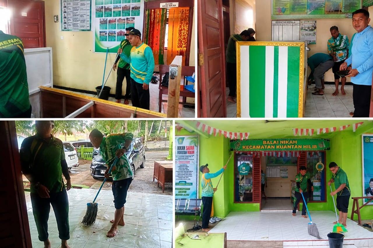 KUA Kecamatan Kuantan Hilir Gotong Royong Bersih-Bersih Kantor Wujudkan Pelayanan Prima