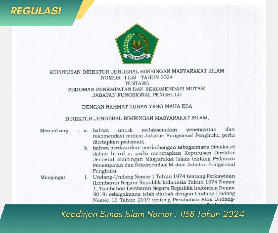 Keputusan Direktur Jenderal Bimbingan Masyarakat Islam Nomor 1158 Tahun 2024 tentang Pedoman Penempatan dan Rekomendasi Mutasi Jabatan Fungsional Penghulu