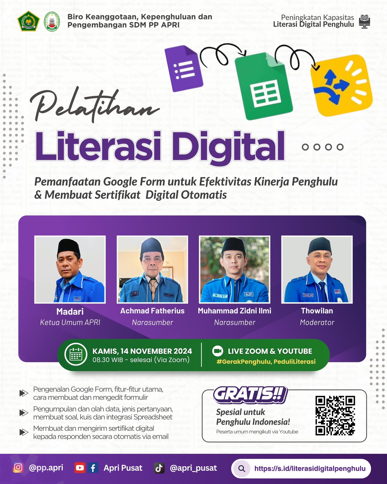 PC APRI Kabupaten Maros Ikuti Zoom Pelatihan Peningkatan Kapasitas Literasi Digital Penghulu - Pemanfaatan Google Form & Sertifikat Digital untuk Efektivitas Kerja 