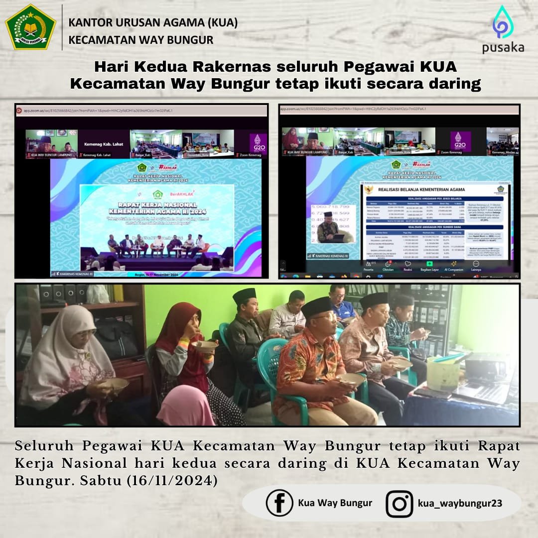 Kepala beserta Pegawai KUA Way Bungur Antusias Ikuti Rakernas Kemenag RI 2024 Secara Daring hari kedua   