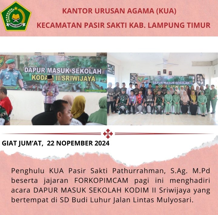 Dapur Masuk Sekolah Kodim 2 Sriwijaya, Penghulu KUA Pasir Sakti Pimpin do'a