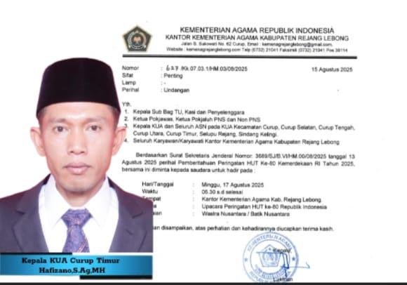 Kepala KUA Curup Timur Pastikan Kehadiran Penuh Pegawai di Upacara HUT RI ke-80