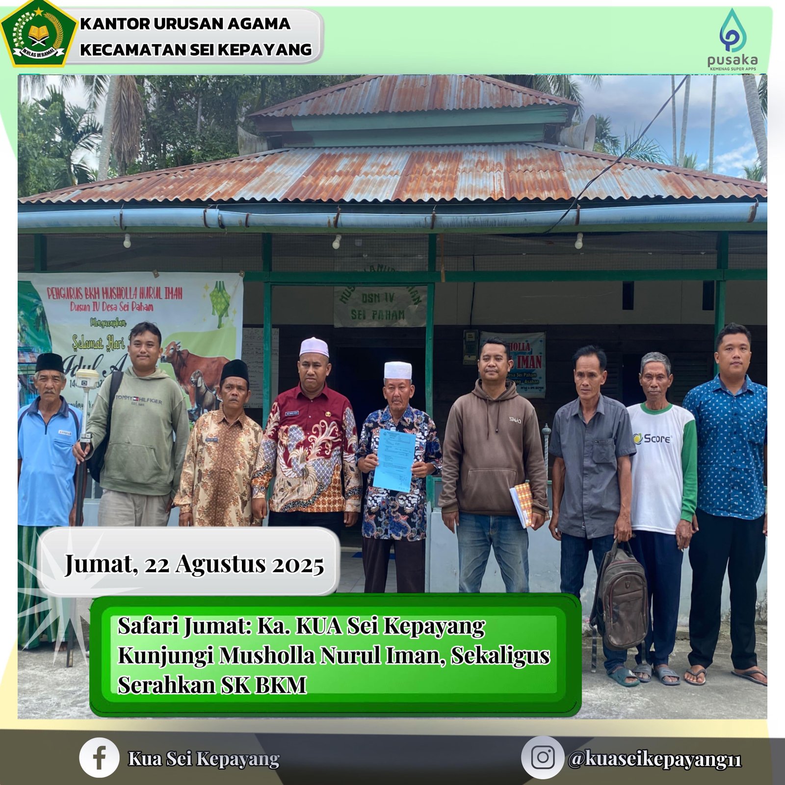 Ka. KUA Sei Kepayang Kunjungi Musholla Nurul Imam, Sekaligus Serahkan SK BKM