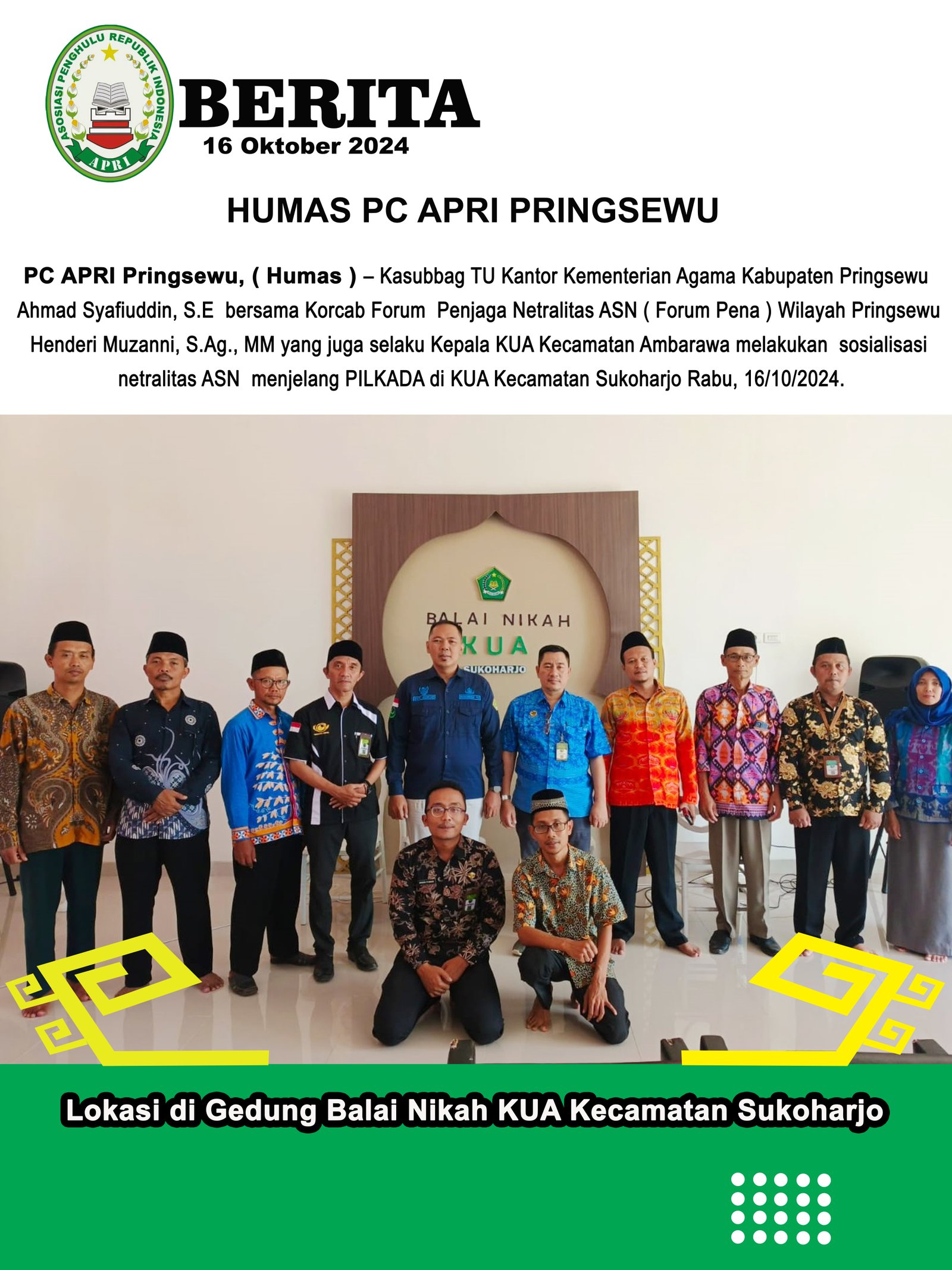 Kasubbag TU Kan Kemenag Pringsewu Gandeng Korcab Forum Pena Pringsewu Lakukan Sosialisasi Netralitas ASN di KUA Kecamatan Sukoharjo